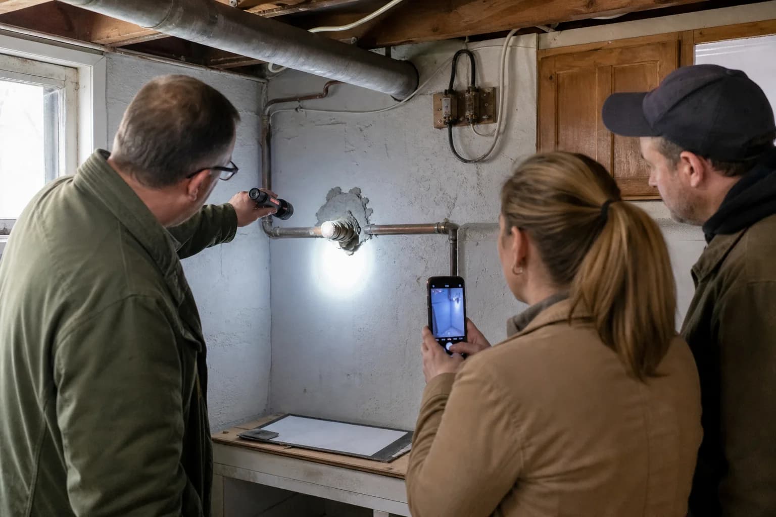 Home inspector showing Eugene homebuyers an old heating oil supply line