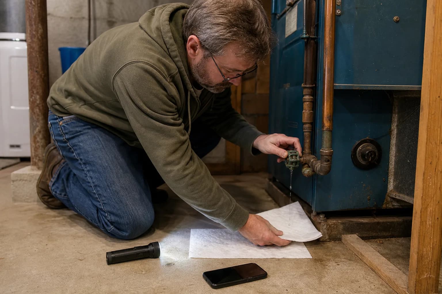 Eugene homeowner controlling a small heating oil leak in a basement