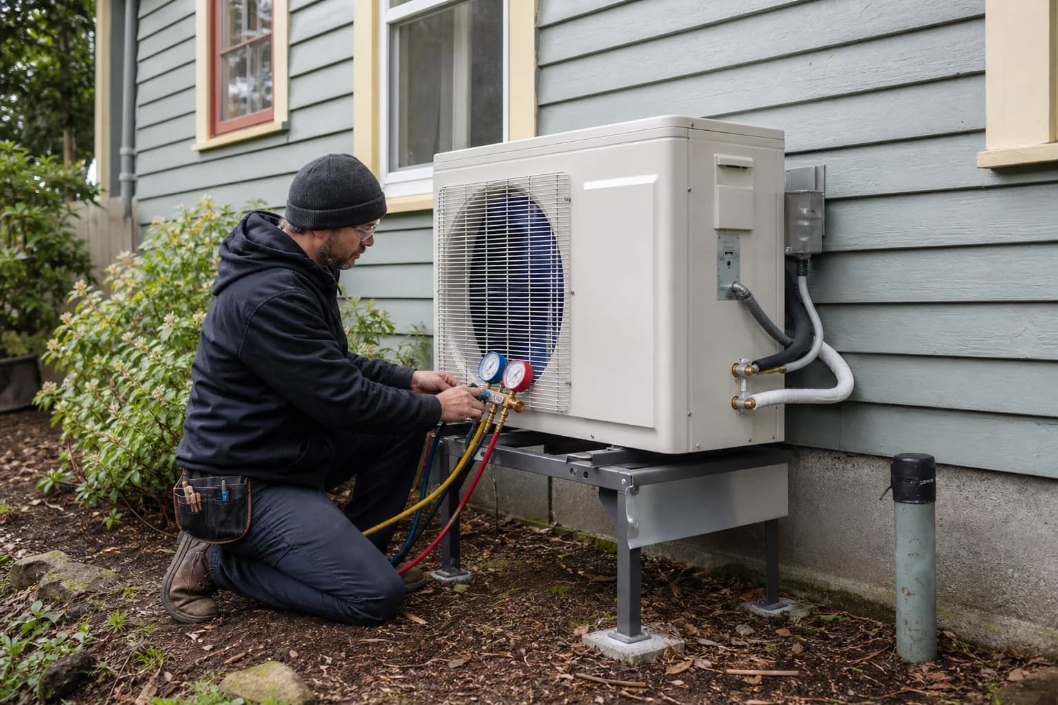 HVAC technician commissioning a heat pump beside an older Eugene home