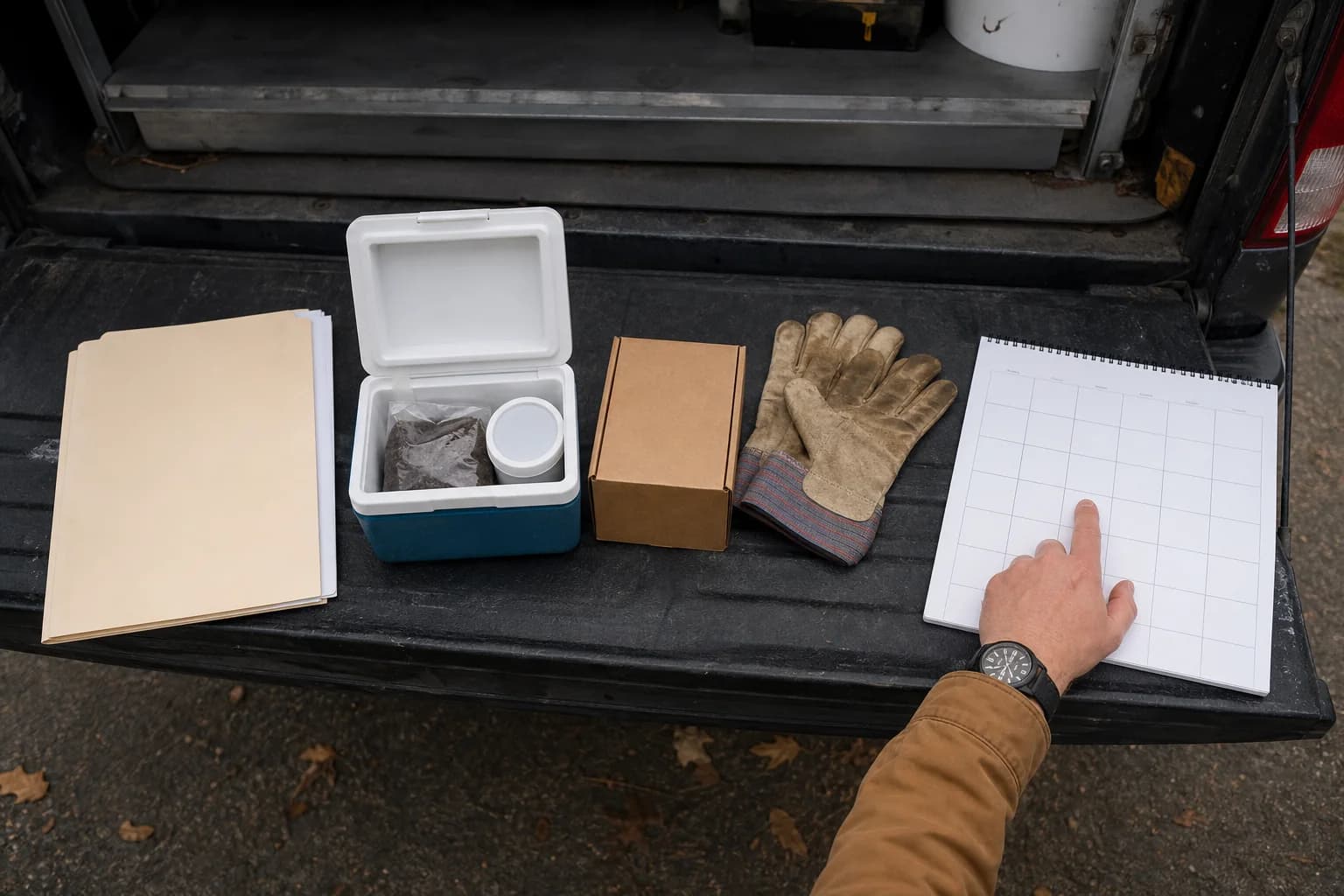 Oil tank permit, soil sample cooler and schedule arranged on a service van tailgate