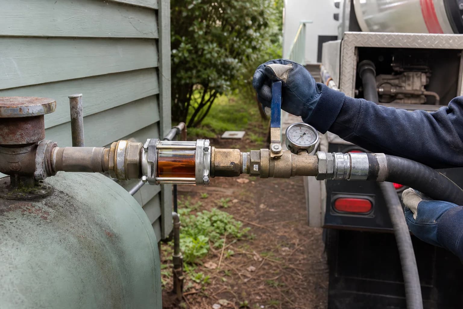Technician pumping leftover heating oil through a controlled transfer system