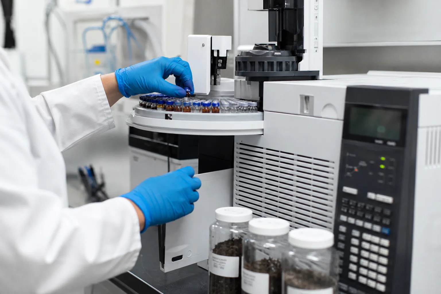 Laboratory technician analysing Eugene oil tank soil samples