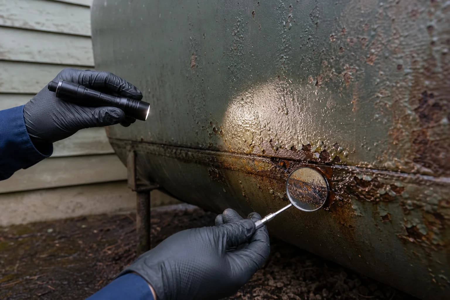 Technician inspecting corrosion along an older heating oil tank seam