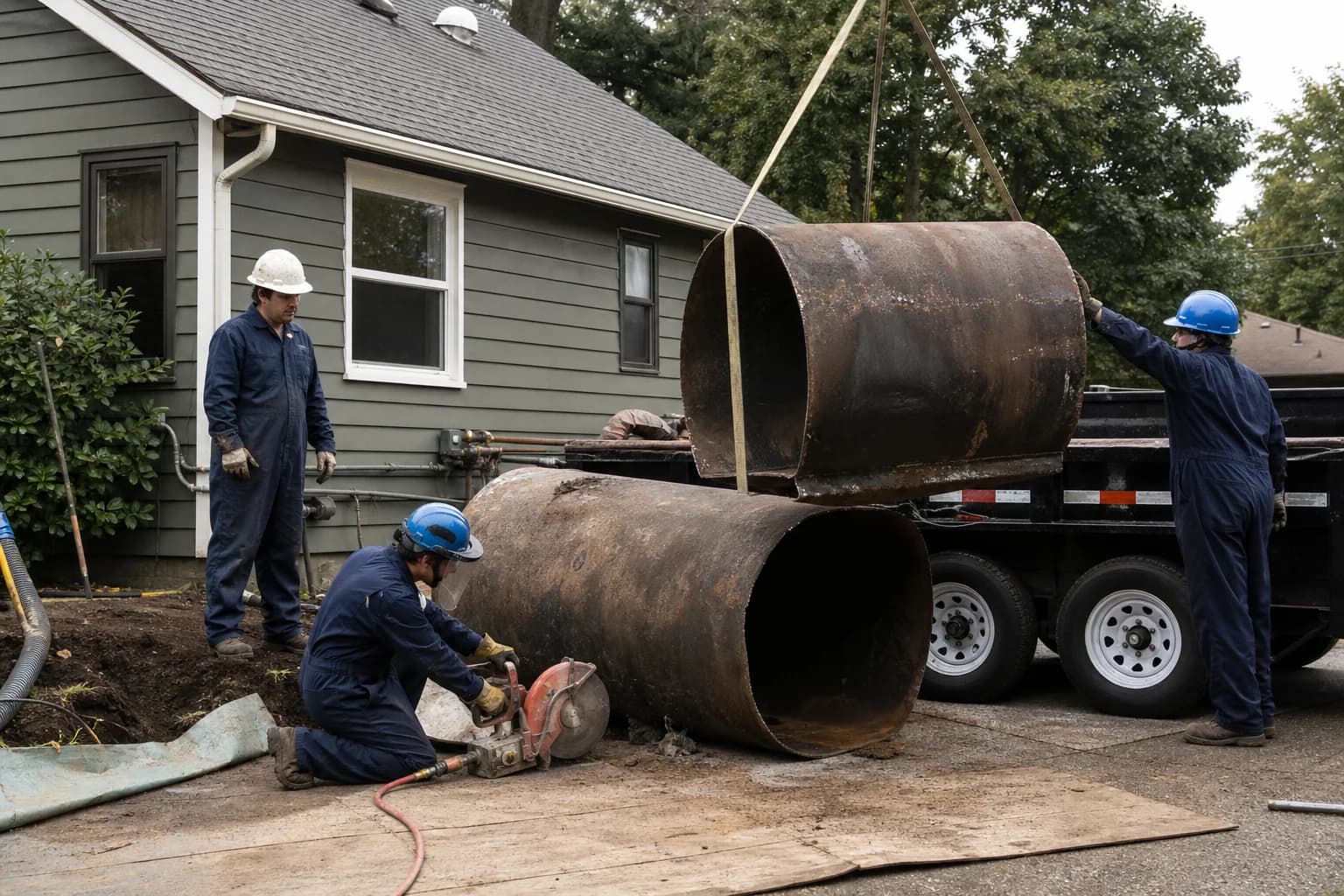 Licensed Eugene crew cutting a cleaned heating oil tank for recycling
