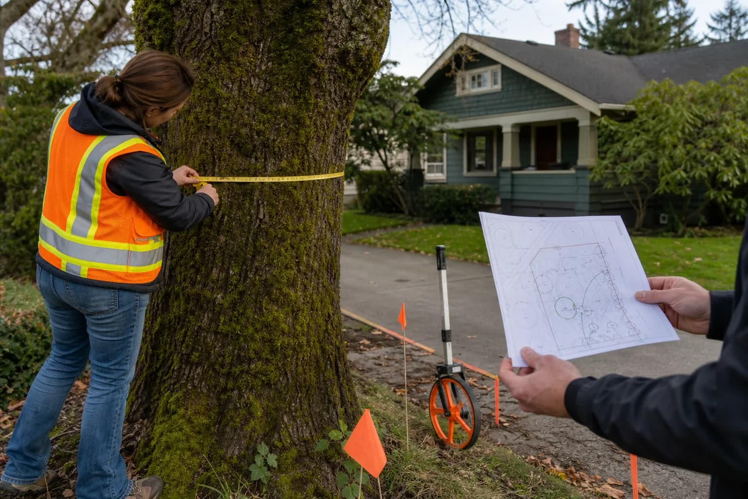 Surveyor measuring a protected tree beside a Eugene oil tank permit work zone
