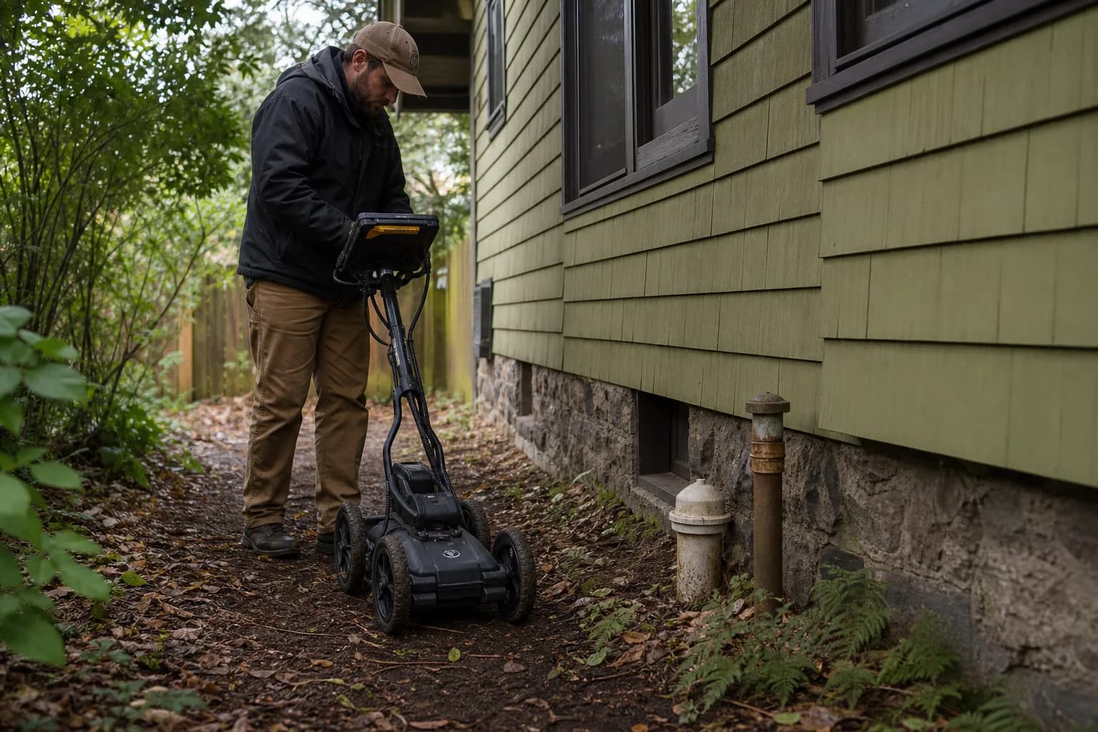 Technician scanning an older Eugene yard for a buried heating oil tank