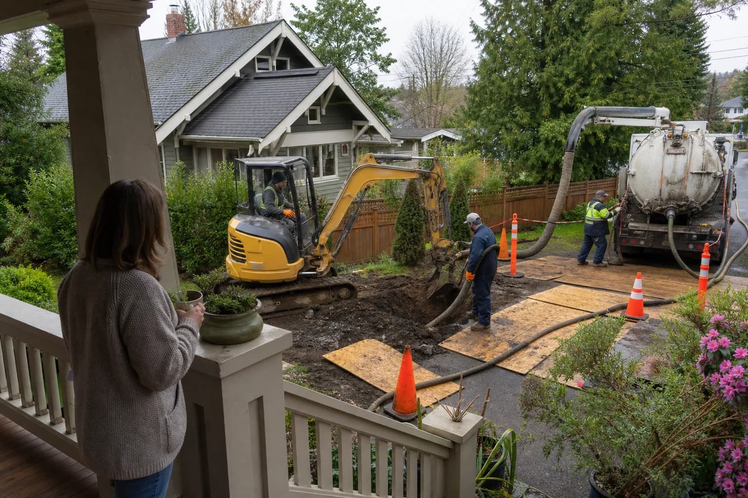 Eugene homeowner watching a licensed crew prepare an oil tank removal worksite
