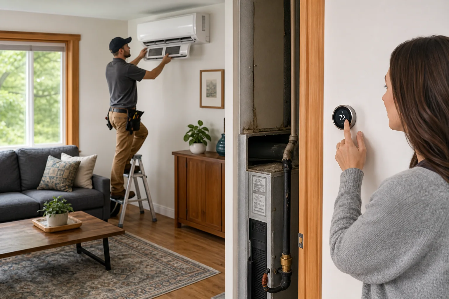 Homeowner choosing a heat pump while an installer works in a Eugene craftsman home