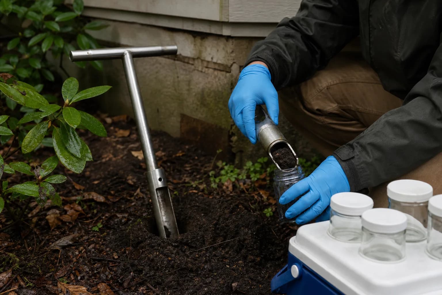 Environmental technician collecting a soil core beside an older Eugene home